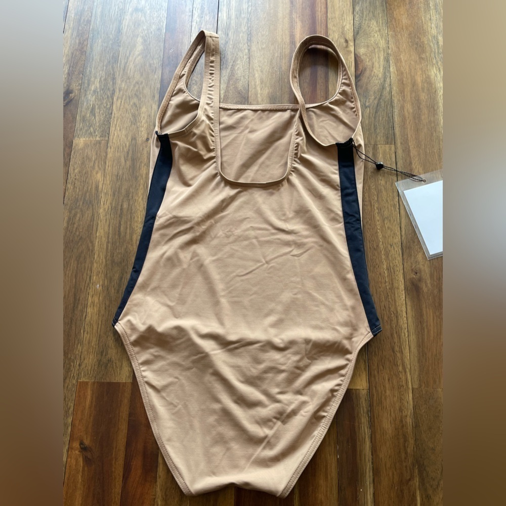 WARDROBE.NYC Striped OnePiece Swimsuit Khaki and Black Designer Swimwear - Picture 2 of 10